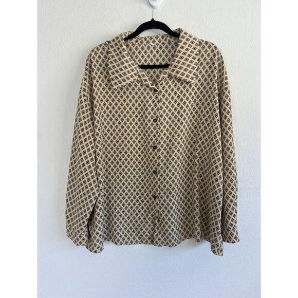 Vintage Diamond Floral Geometric Retro Blouse Womens 1X Cream Button Up Top - Picture 1 of 11